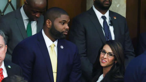PHOTO: U.S. Rep. Byron Donalds talks with Rep. Lauren Boebert after Donalds was nominated as a candidate for Speaker of the House during a fourth round of voting for a new Speaker at the U.S. Capitol in Washington, Jan. 4, 2023. (Evelyn Hockstein/Reuters)