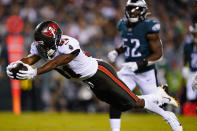 Tampa Bay Buccaneers wide receiver Antonio Brown (81) scores a touchdown during the first half of an NFL football game against the Philadelphia Eagles on Thursday, Oct. 14, 2021, in Philadelphia. (AP Photo/Matt Rourke)