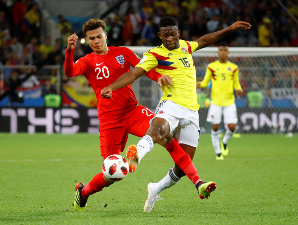 <p>England’s Dele Alli in action with Colombia’s Jefferson Lerma. REUTERS/Kai Pfaffenbach </p>