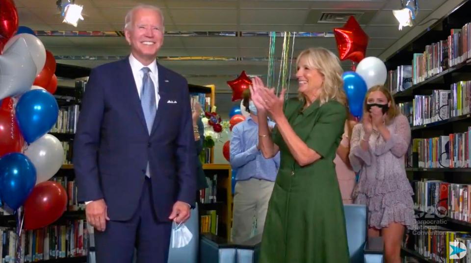 Joe Biden is applauded by his wife Jill and family members after being officially nominated as the Democratic presidential candidate at the DNC on 18 August, 2020: Democratic National Convention