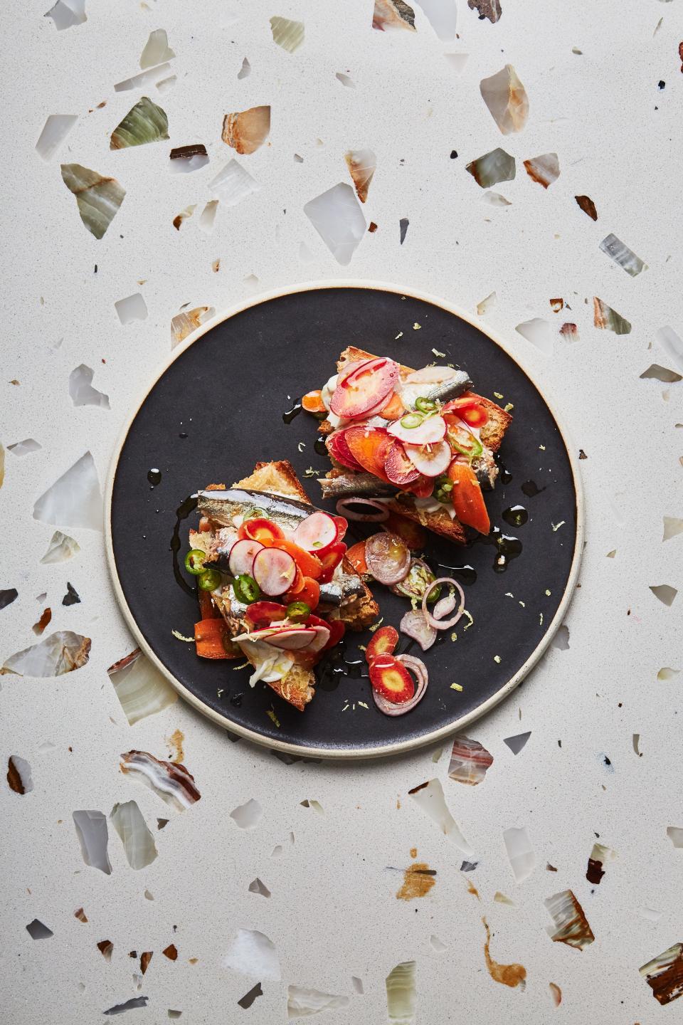 Spicy Marinated Vegetables and Sardines on Toast