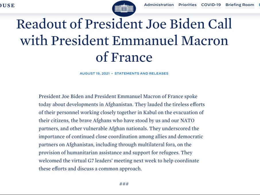 Readout of President Joe Biden’s call with French President Emmanuel Macron on crisis in Afghanistan. (The White House)