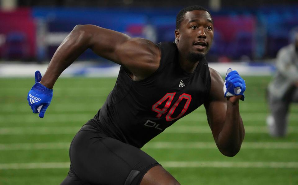 Dominique Robinson, a former Canton McKinley star, goes through drills during the 2022 NFL combine, March 5, 2022, in Indianapolis