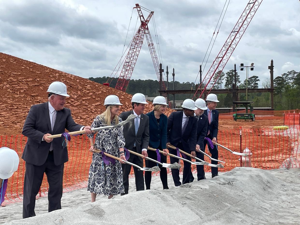 Sonny Perdue (far left), chancellor of the University System of Georgia Board of Regents, helps break ground for Wellstar Columbia County Medical Center on April 1, 2024, in Grovetown.