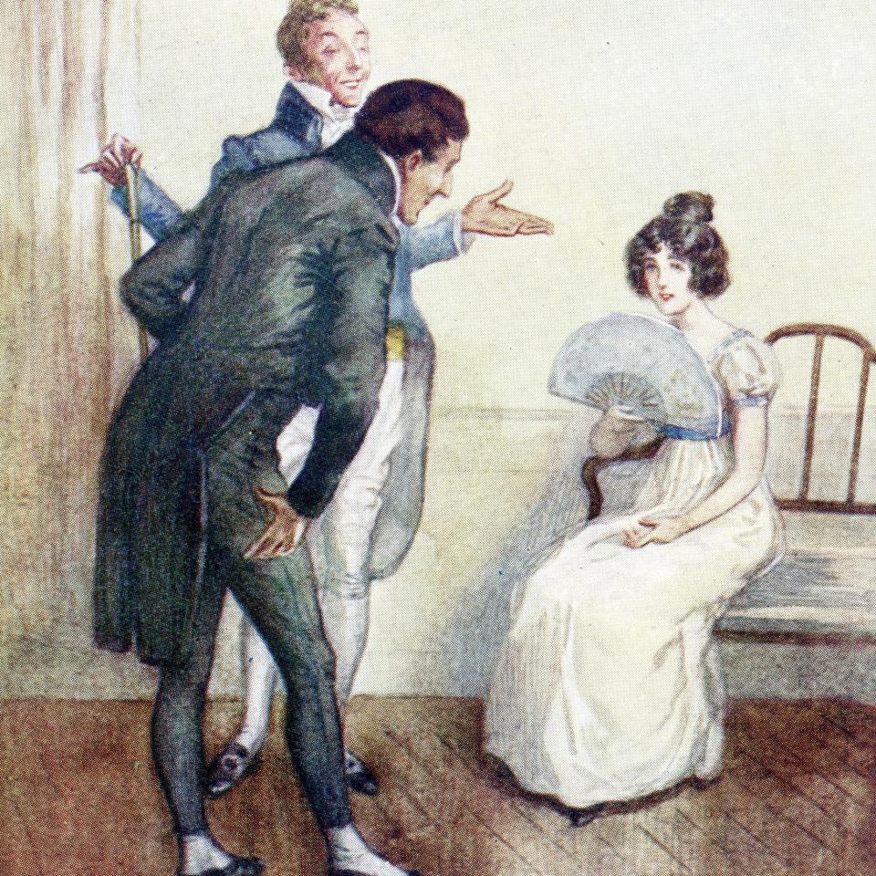 An illustration from a 1917 edition of Northanger Abbey shows Catherine Morland being introduced to Henry Tilney at the Lower Rooms in Bath - Bridgeman via Getty Images)