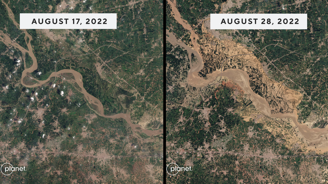 Satellite images shows the Kabul River across the landscape near Charsadda, Khyber Pakhtunkhwa province, Pakistan. / Credit: Planet Labs PBC/Handout via REUTERS