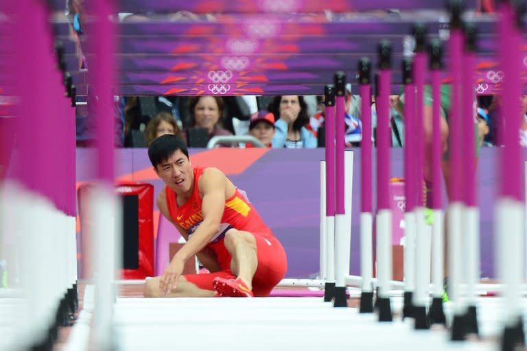 China's Liu Xiang falls at the first hurdle during the London Olympics 110m opening heat on August 7, 2012. He is likely to miss this season as he recovers from the injury which dramatically ended his bid to win back the Olympic title in London last year, a report said on Wednesday