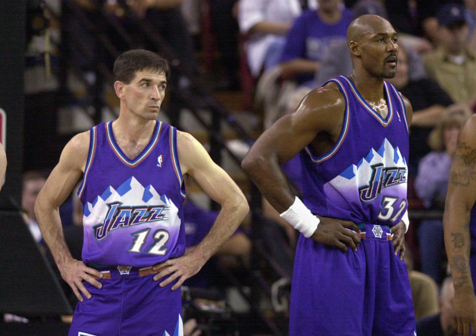 John Stockton（圖左）與Karl Malone. (AP Photo/Rich Pedroncelli)