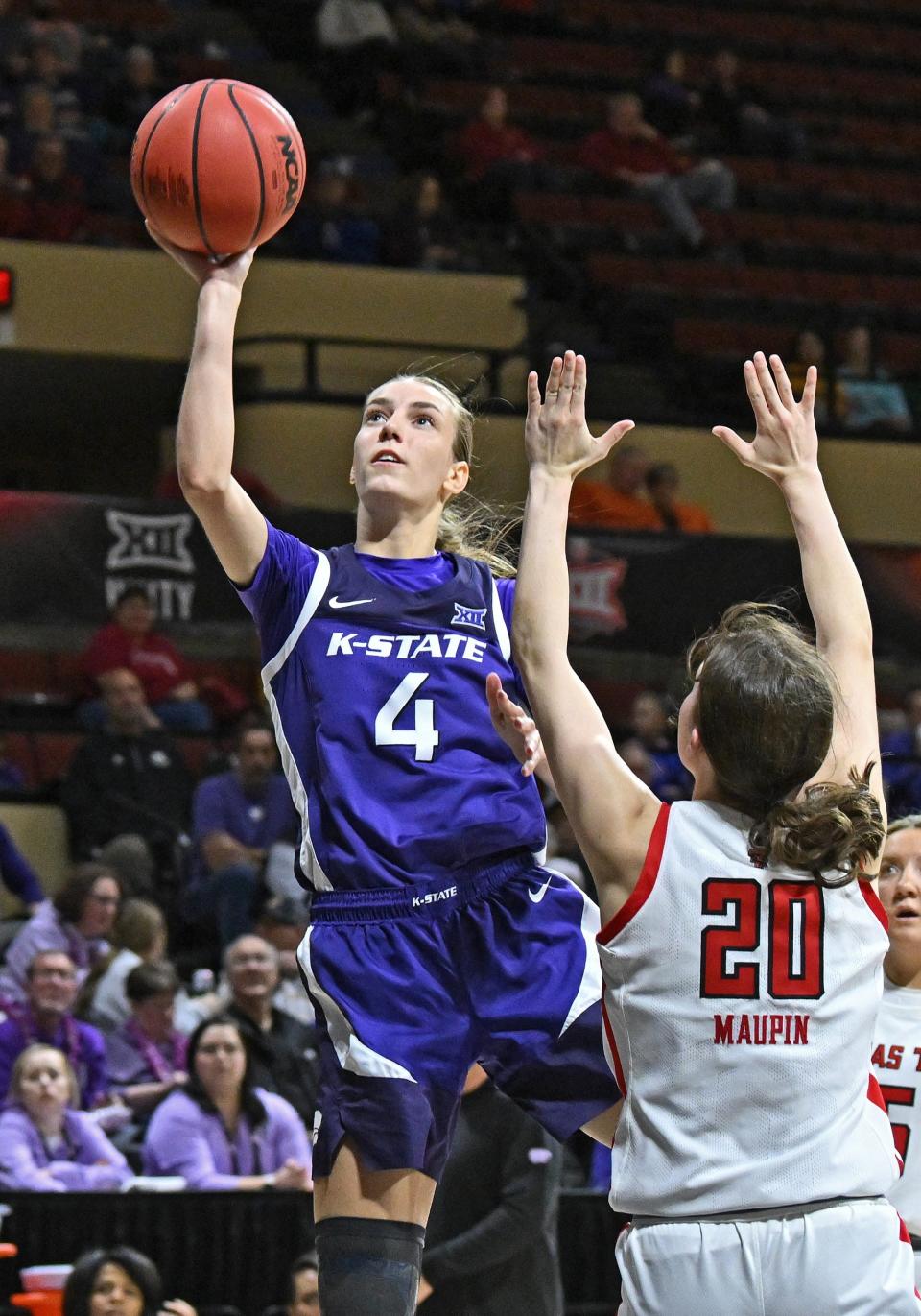 Kansas State guard Serena Sundell (4) shoots over Texas Tech's Bailey Maupin (20) during their Big 12 Tournament game Thursday at Municipal Auditorium. Sundell and the Wildcats will face Wichita State in the first round of the WNIT on Thursday in Manahattan.