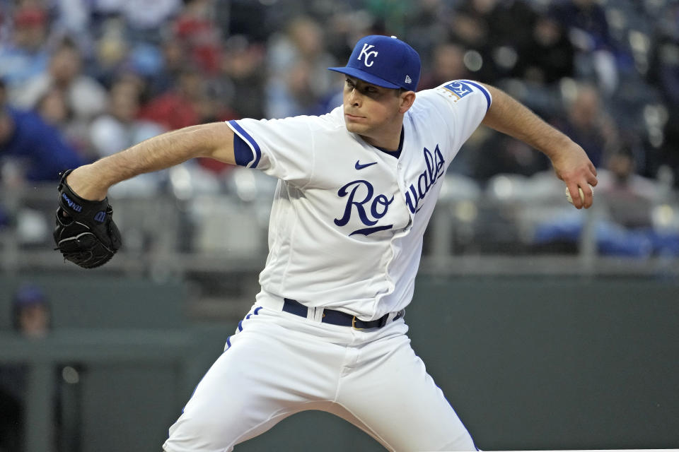 Kansas City Royals starting pitcher Kris Bubic throws during the first inning of a baseball gameagainst the Atlanta Braves Saturday, April 15, 2023, in Kansas City, Mo. (AP Photo/Charlie Riedel)