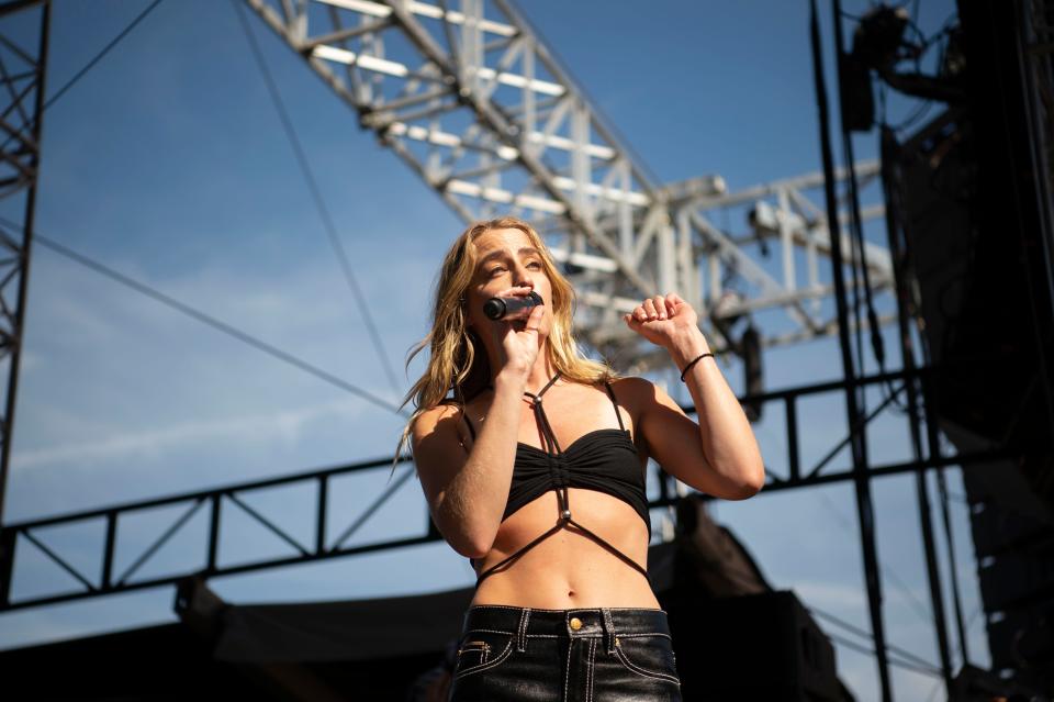 Ingrid Andress performs at the Riverfront Stadium during the second day of CMA Fest on Broadway in Nashville , Tenn., Friday, June 10, 2022.