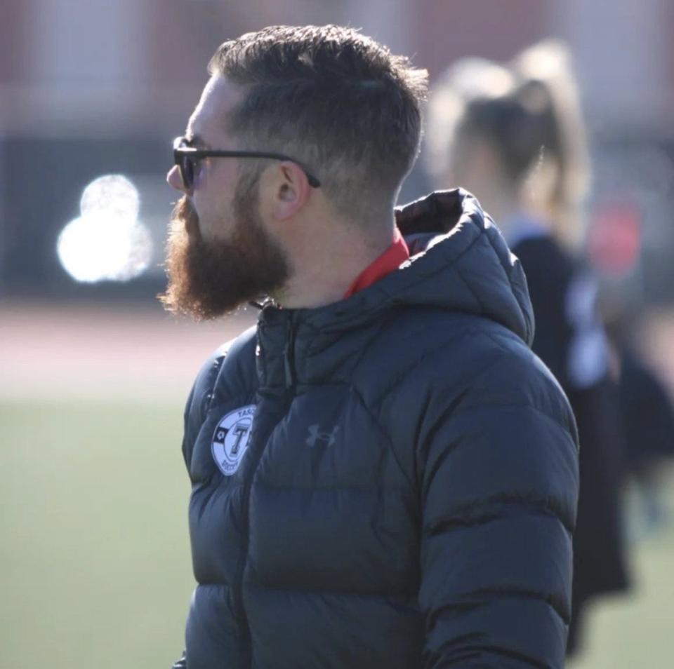 Tascosa girls soccer coach Hutton Sharp roams the sidelines during a game in the 2023 season.