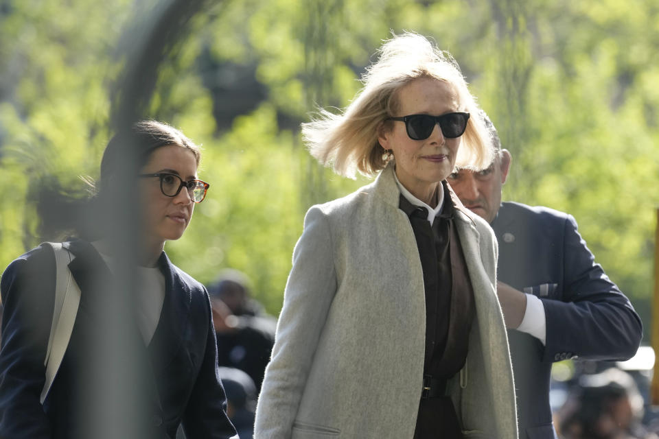 FILE - E. Jean Carroll arrives to a courthouse in New York, Tuesday, April 25, 2023. A civil jury's Tuesday, May 9, 2023 finding that former President Donald Trump sexually assaulted the writer in the 1990s comes at what one scholar calls an “ambiguous moment” for American women. (AP Photo/Seth Wenig, File)