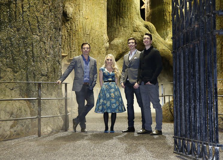 (From left) Jason Isaacs, Evanna Lynch, Oliver Phelps and his brother James in the ‘Forbidden Forest.’ (Photo: AP/Alastair Grant)
