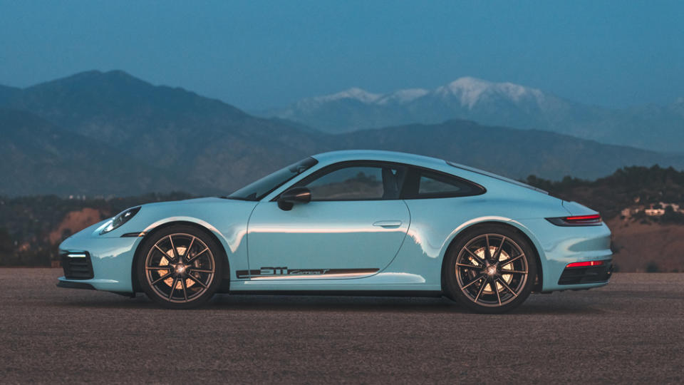 A 2023 Porsche 911 Carrera T in Gulf Blue.