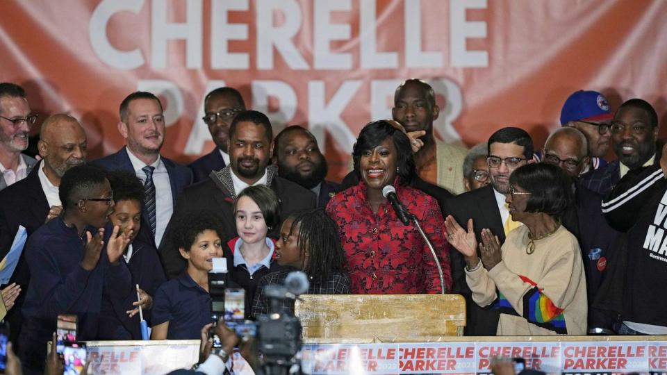 PHOTO: Democratic mayoral candidate Cherelle Parker speaks during an election night party after being elected in Philadelphia, Nov. 7, 2023. (Matt Rourke/AP)