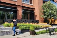 Starbucks signage is pictured outside the company's headquarters in Seattle