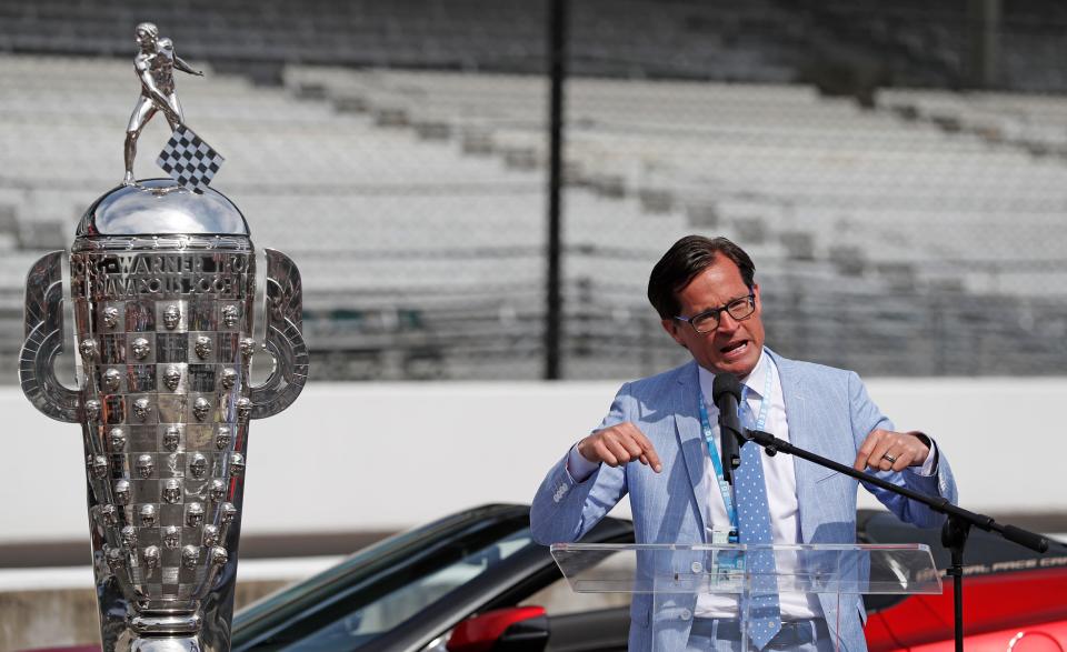 President of Indianapolis Motor Speedway Doug Boles speaks, Saturday, May 27, 2023, during the drivers meeting ahead of the 107th running of the Indianapolis 500 at Indianapolis Motor Speedway.