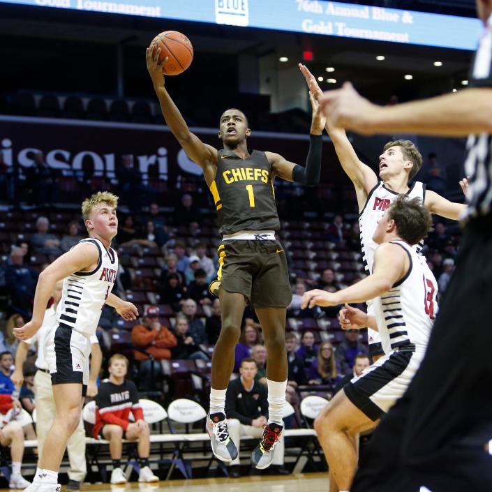 Kickapoo Chiefs Zaide Lowery goes up for a field goal on the Branson Pirates during the second round of the blue division in the Blue and Gold Tournament at JQH Arena  on Tuesday, Dec. 28, 2021.