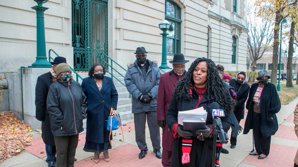 Teresa Haley, President, NAACP Illinois State Conference, speaks outside of the Federal Courthouse in East St. Louis.  Haley and others gave an update on the lawsuit filed earlier this month in federal court challenging Illinois lawmakers and officials on a state redistricting map (SB 927).  