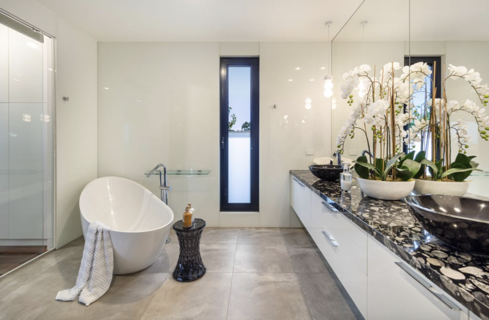 The marble covered bathroom at 8 McEvoy Street