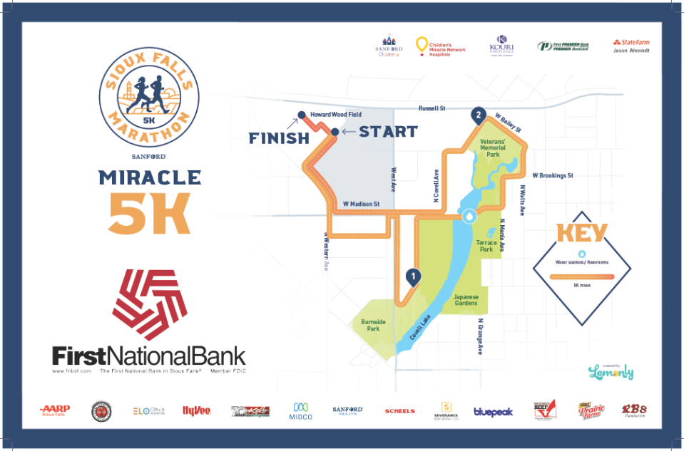 The map outlines the route for the Sioux Falls Marathon's 5K route Sunday, Aug. 27, 2023.