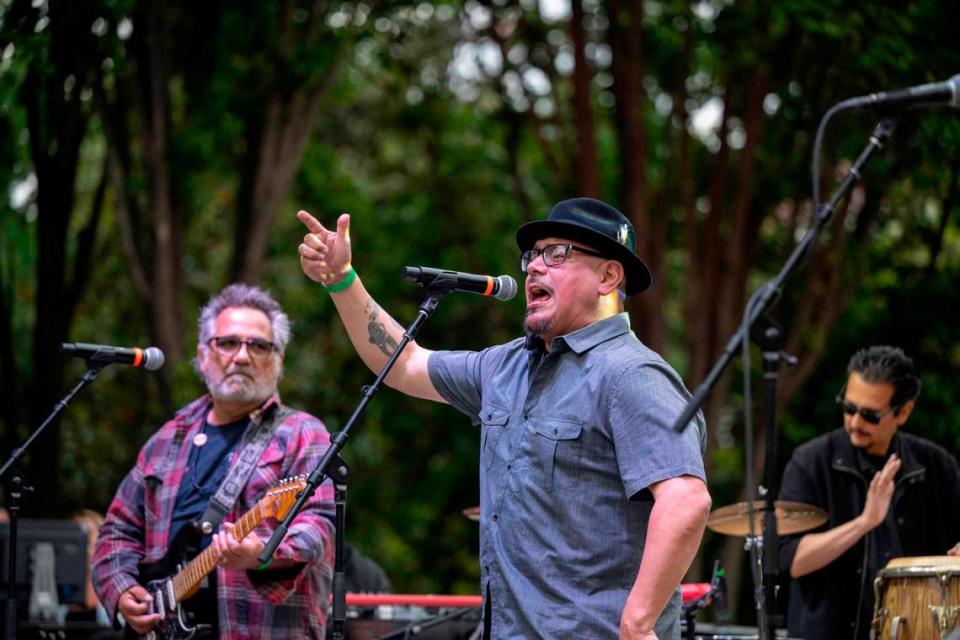 Members of the band Sol Pelgrio perform on the opening night of the Concerts in the Park series on Cinco de Mayo at Cesar Chavez Plaza on Friday.