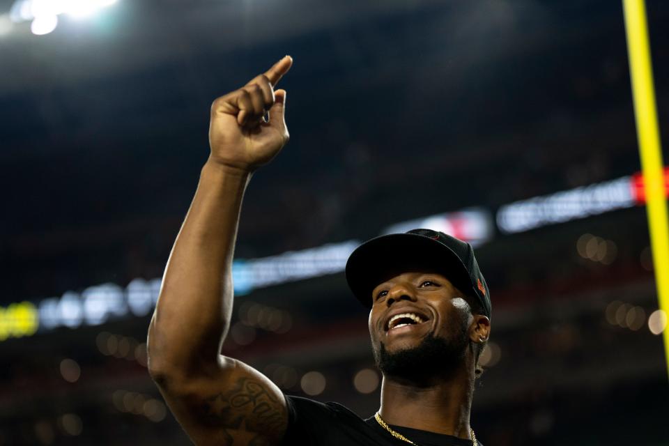 Cincinnati Bengals running back Joe Mixon (28) walks off the field after the NFL preseason game between the Cincinnati Bengals and the Los Angeles Rams at Paycor Stadium.