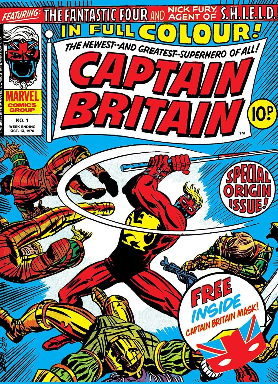 The cover of Captain Britain number 1 from 1976 depicts the hero in a red superhero suit with a golden lion on his chest walloping several bad guys.