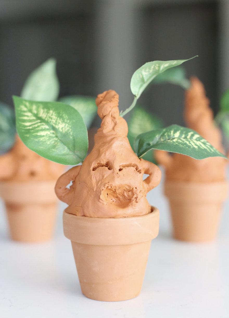 crafts for kids, harry potter mandrake made of clay in a small pot