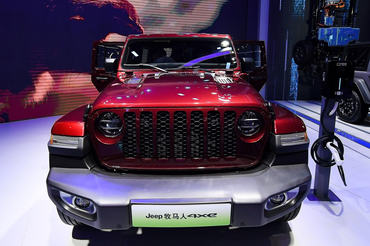 A Jeep Motor Wrangler 4xe car is on displayed during the 19th Shanghai International Automobile Industry Exhibition on April 23, 2021 in Shanghai, China.