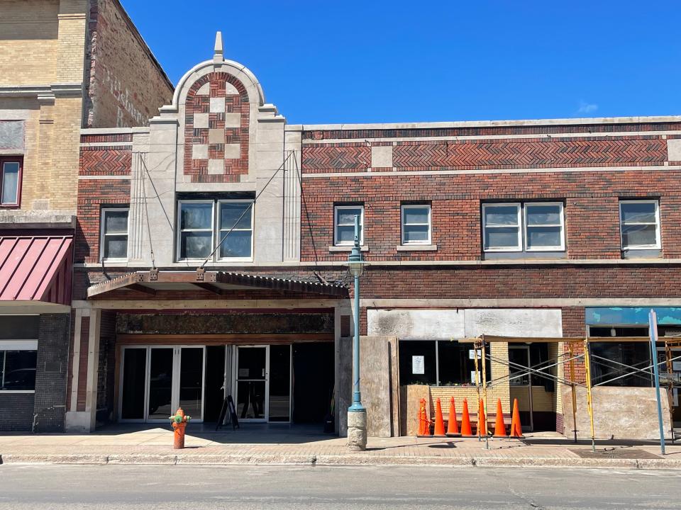 The exterior of the Soo Theatre, during the first phase of its restoration in 2022.