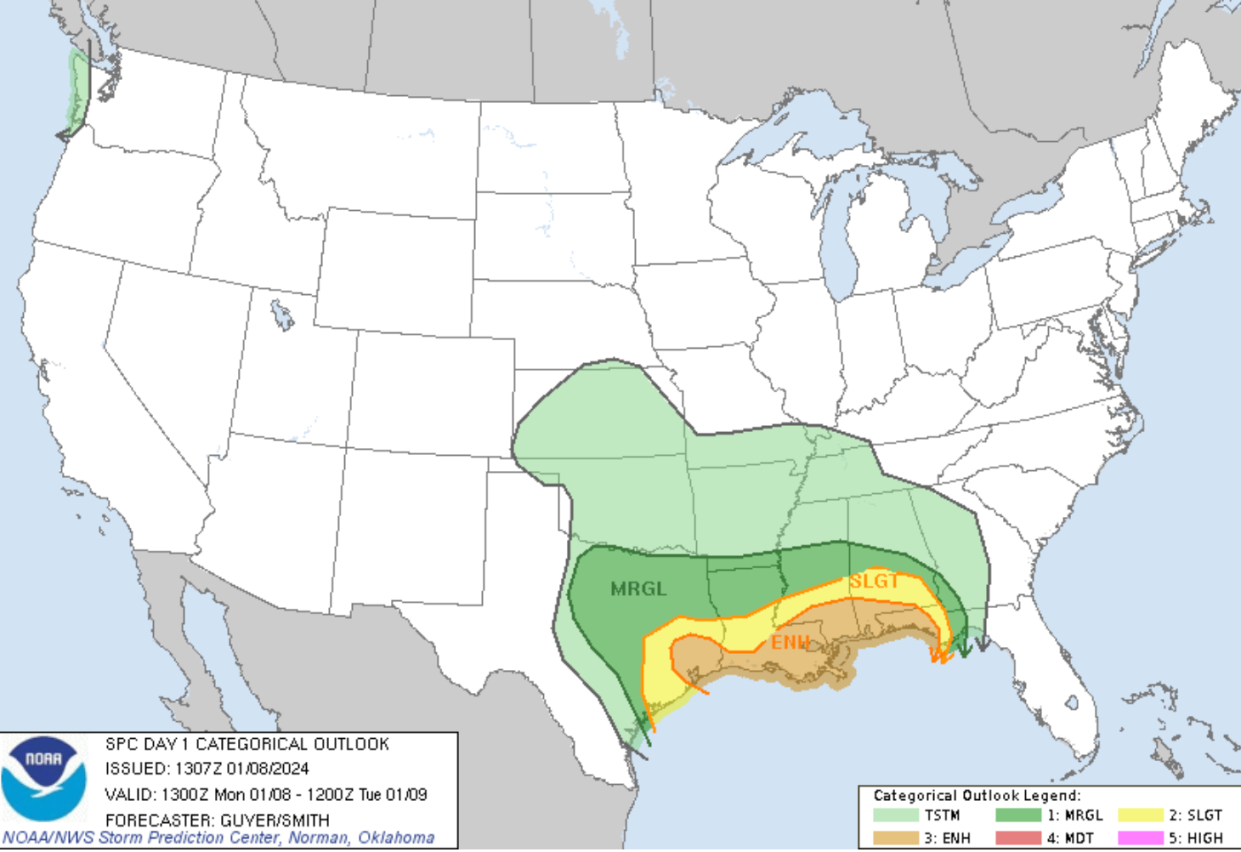 The National Weather Service issued thunderstorm warnings to much of the Gulf Coast on Monday (National Weather Service)