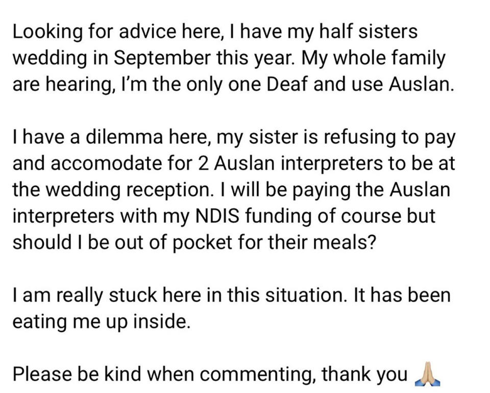 Facebook post asking about bride not paying for interpreters