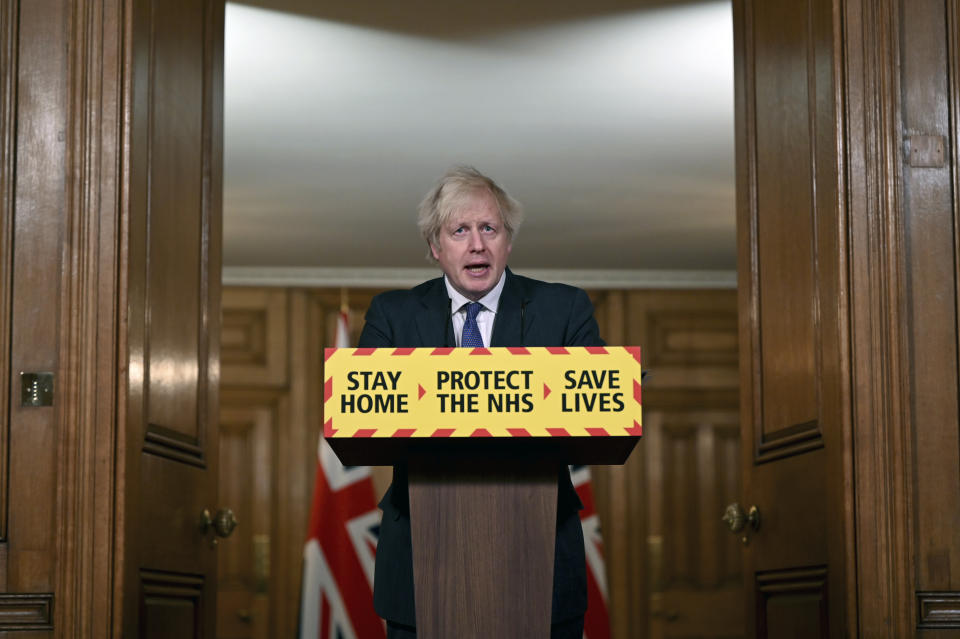 Britain's Prime Minister Boris Johnson speaks during a coronavirus press conference at 10 Downing Street in London, Friday Jan. 22, 2021. Johnson announced that the new variant of COVID-19, which was first discovered in the south of England, may be linked with an increase in the mortality rate. (Leon Neal/Pool via AP)