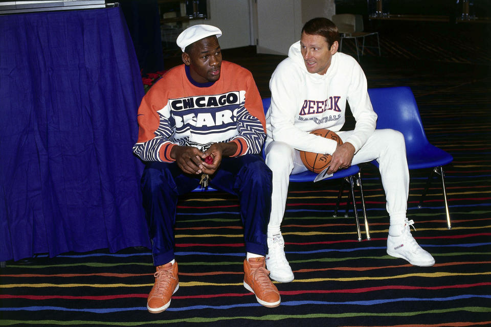 Michael Jordan #23 of the Chicago Bulls during the 1980 All Star Game press conference at Chicago Stadium in Chicago. (Photo by Bill Smith/NBAE via Getty Images)