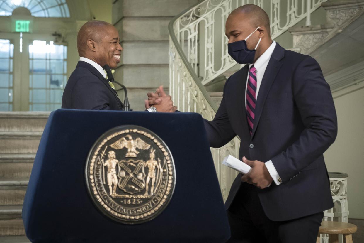 Chief Technology Officer Matt Fraser, right, and Mayor Eric Adams are pictured at New York City Hall on Wednesday, January 19, 2022.