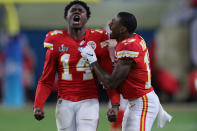 MIAMI, FLORIDA - FEBRUARY 02: Sammy Watkins #14 of the Kansas City Chiefs reacts during the fourth quarter against the San Francisco 49ers in Super Bowl LIV at Hard Rock Stadium on February 02, 2020 in Miami, Florida. (Photo by Jamie Squire/Getty Images)