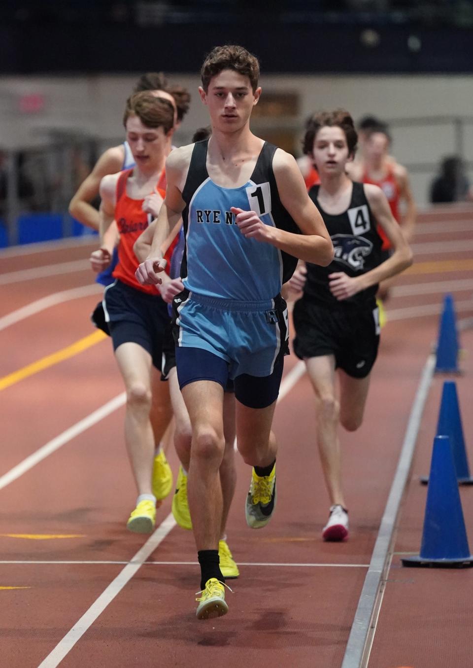 Rye Neck's Joe Lavelle runs the Class C 3200-meter run at the Section 1 Class A & C track and field championships held at The Armory Track & Field Center in New York.  Wednesday, February 8, 2023. 