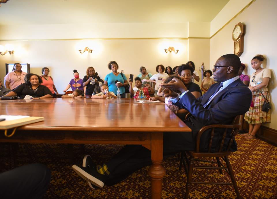 Lt. Gov. Garlin Gilchrist meets with rallygoers after the the 2022 Womxn v. Wade protest Wednesday, June 15, 2022, at the State Capitol.