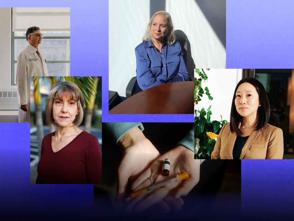 Four photos of patients and doctors against a blue background.