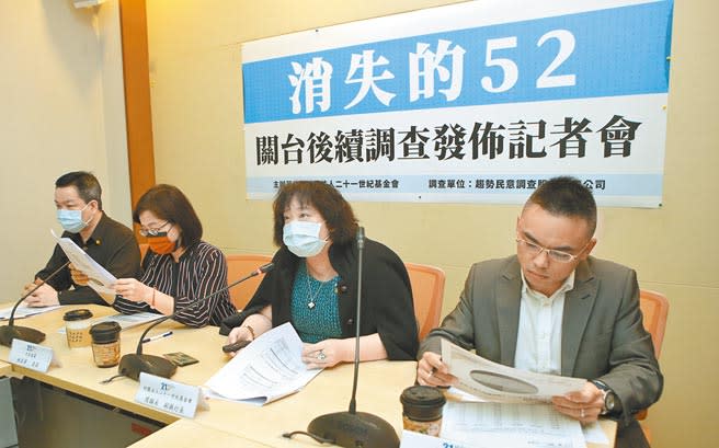 21世紀基金會18日舉辦「消失的52-關台後續調查發佈」記者會，副執行長周韻采（右二）、國民黨立委林奕華（左二）、洪孟楷（右一）以及台灣藝術大學廣播電視學系教授賴祥蔚（左一）與會。（趙雙傑攝）