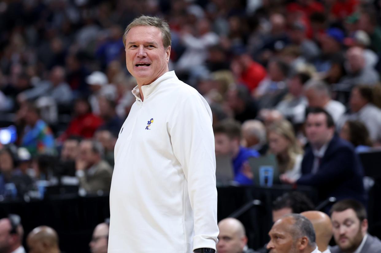 Kansas basketball coach Bill Self looks on Saturday during a NCAA tournament game against Gonzaga in Salt Lake City, Utah.