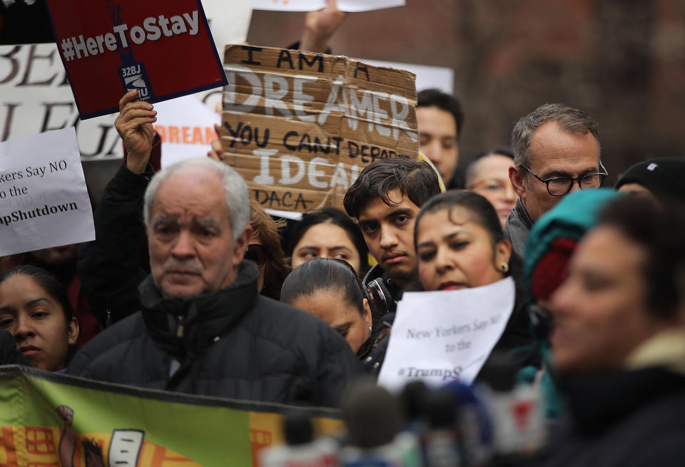 Demonstrators, many of them recent immigrants to America, protest the lack of a deal on DACA (Deferred Action for Childhood Arrivals) at Federal Plaza in New York City, Jan. 22, 2018. (Photo: Spencer Platt/Getty Images)