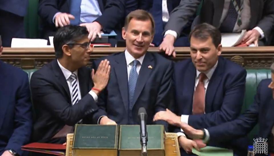 Jeremy Hunt sat with male ministers including Rishi Sunak after delivering his autumn statement. (PA)