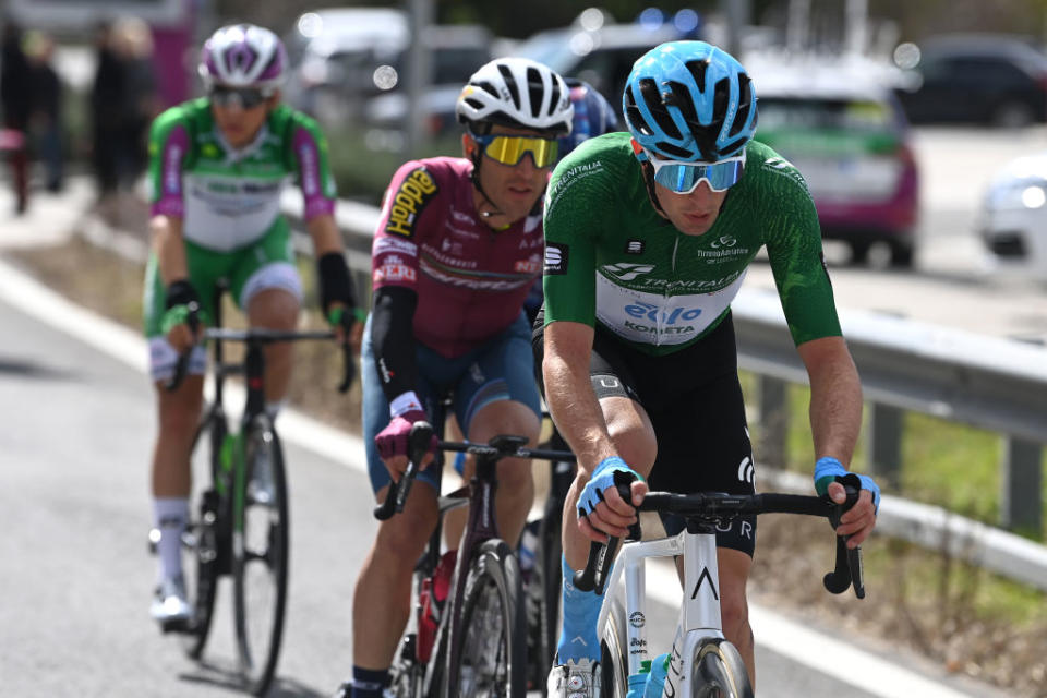 TORTORETO ITALY  MARCH 09 Davide Bais of Italy and EoloKometa Cycling Team  Green Mountain Jersey competes in the breakaway during the 58th TirrenoAdriatico 2023 Stage 4 a 218km stage from Greccio to Tortoreto 229m  UCIWT  TirrenoAdriatico  on March 09 2023 in Tortoreto Italy Photo by Tim de WaeleGetty Images