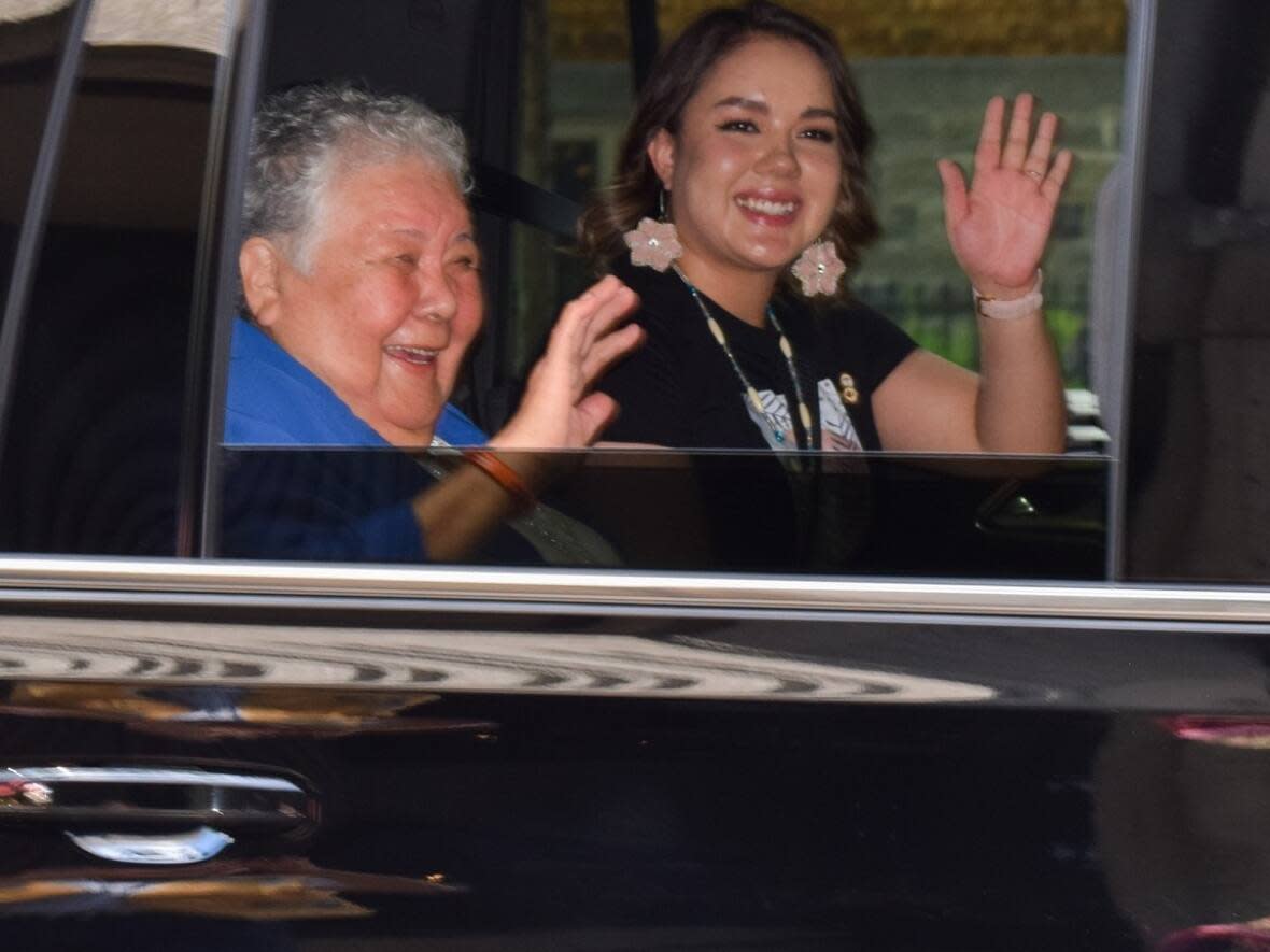 Survivor Clara Napash from Chisasibi and youth delegate Allison MacLeod on their way to meet Pope Francis at the Citadelle in Quebec City. Several Cree survivors made the several hour trip to see the Pope while he's in Quebec. Others chose to stay home.  (The Grand Council of the Crees/ Facebook - image credit)