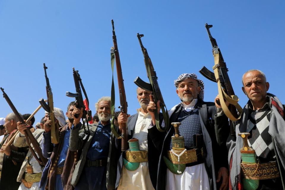 Armed supporters of Yemen's Houthi rebels attend a rally in support of the the Palestinian people in the capital Sana’a (AFP via Getty Images)