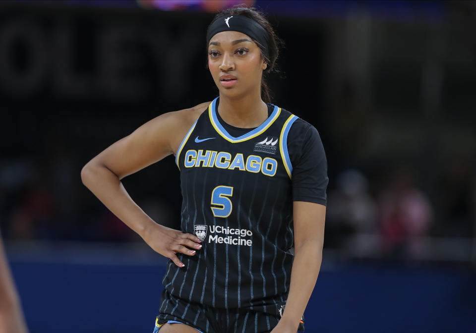 CHICAGO, IL – AUGUST 30: Angel Reese #5 of the Chicago Sky looks on during the second half of a WNBA game against the Indiana Fever on August 30, 2024 at Wintrust Arena in Chicago, Illinois. (Photo by Melissa Tamez/Icon Sportswire via Getty Images)