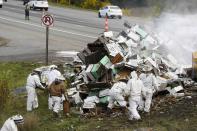 Beekeepers attend to a semi-trailer truck that overturned with a cargo of bees on a highway in Lynnwood, Washington April 17, 2015. A truck carrying millions of honey bees overturned on a freeway north of Seattle on Friday, creating a massive traffic jam as the swarming insects stung firefighters, officials said. (REUTERS/Ian Terry)